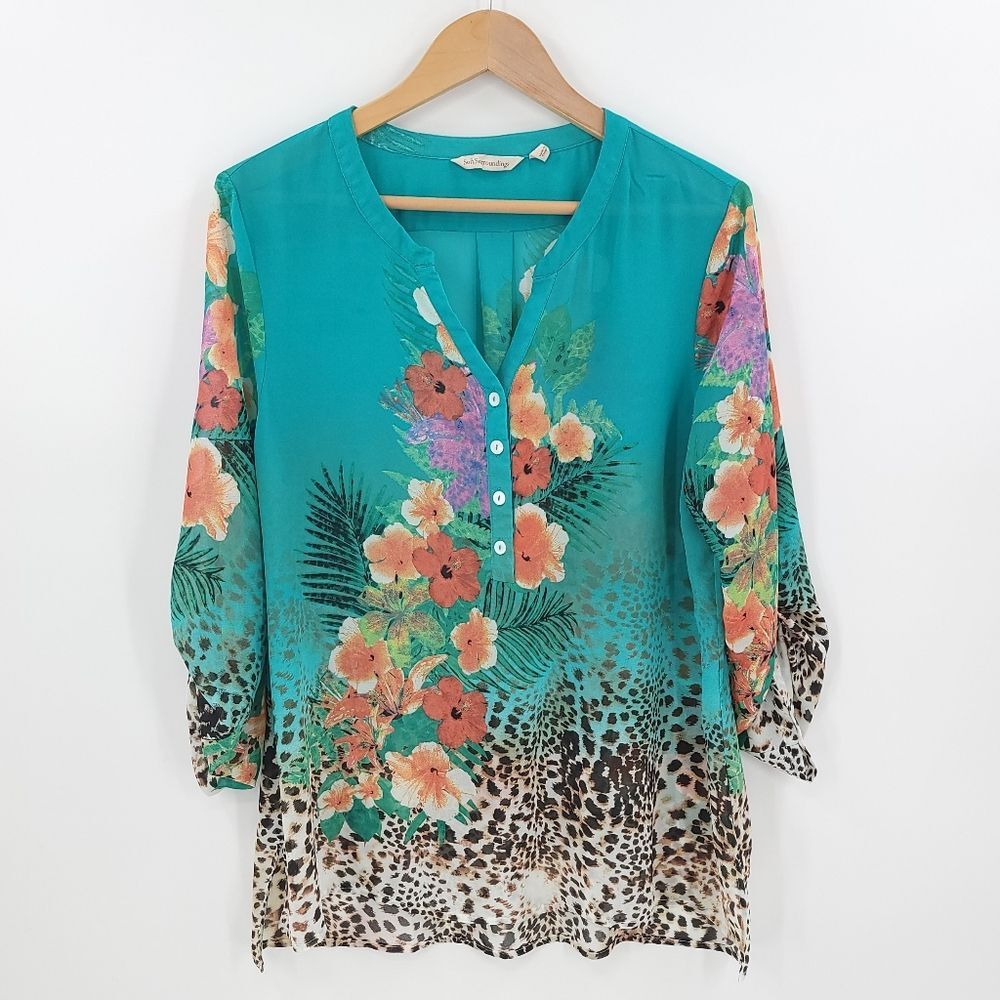 Soft Surroundings Floral Animal Print Blouse Roll Tab Sleeve Top